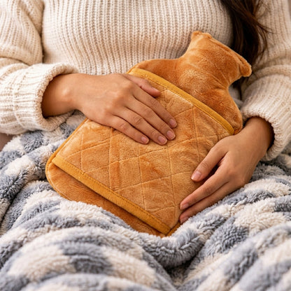 A person in a cream sweater holds a soft, quilted, orange hot water bottle on a grey and white blanket.