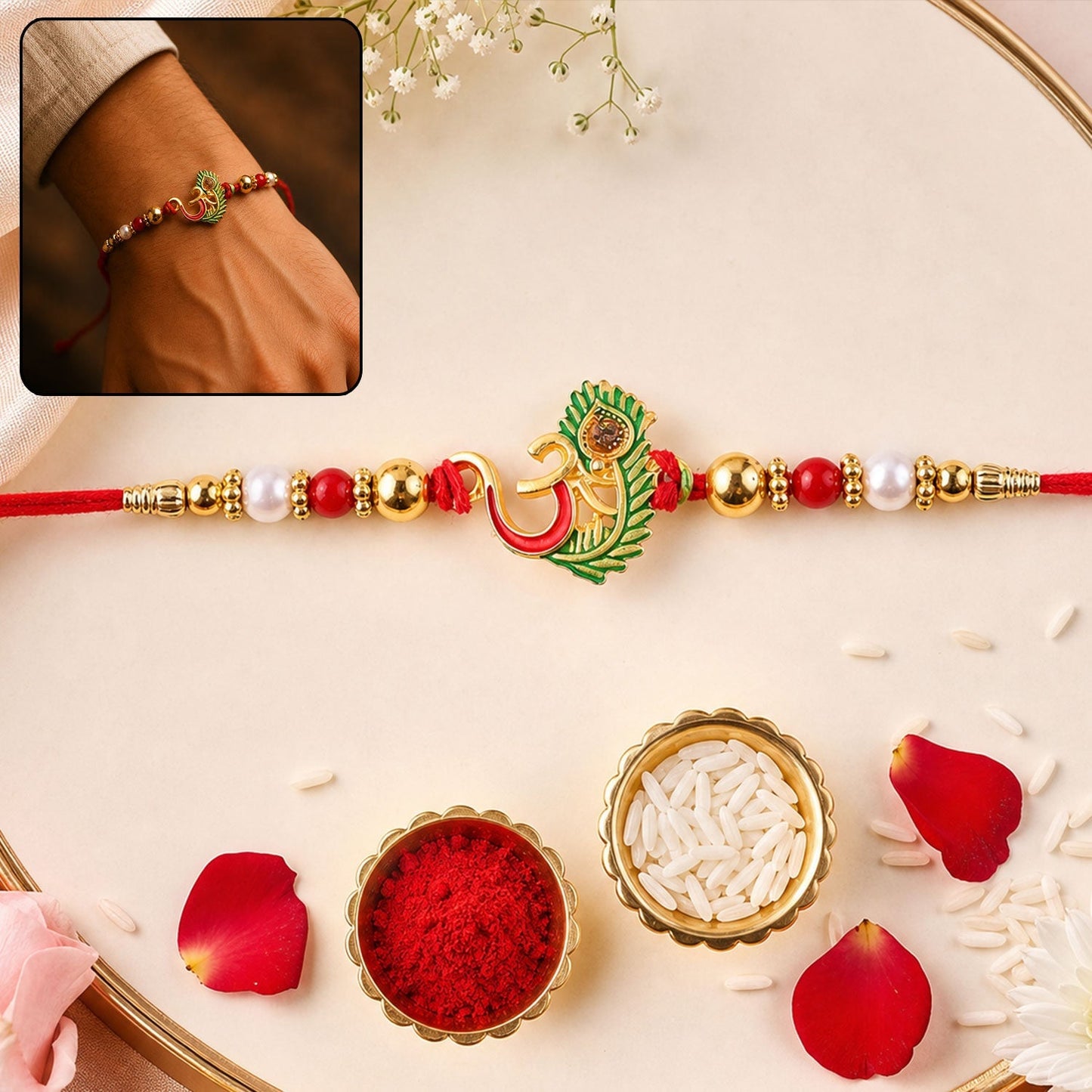 Om and Peacock Feather Rakhi with Blueberry Chocolate Almonds, Pack of 3