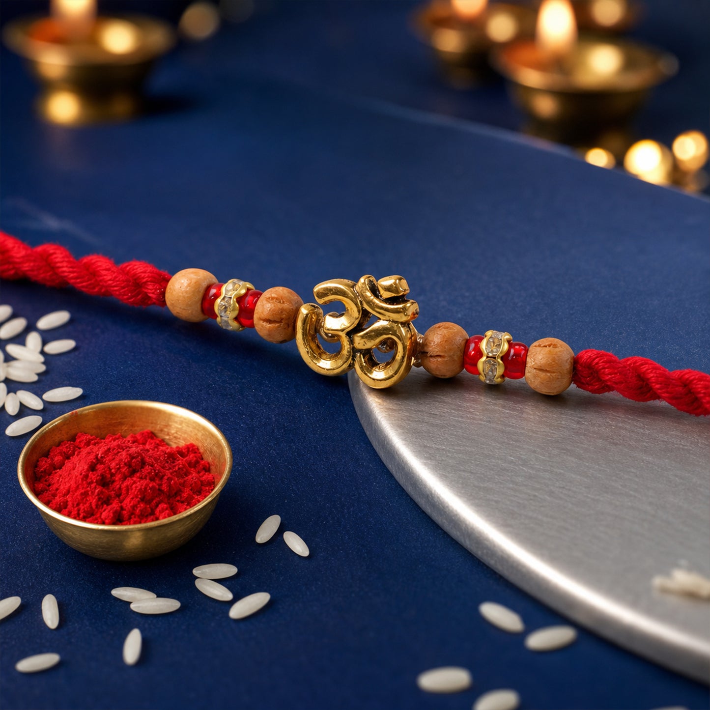 Navy-Red Thread Rakhi with Golden Om Pendant and Beaded Accents
