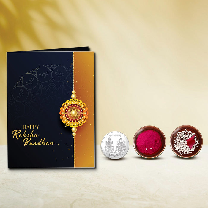 Silver Color Pooja Coin, Roli Chawal & Greeting Card