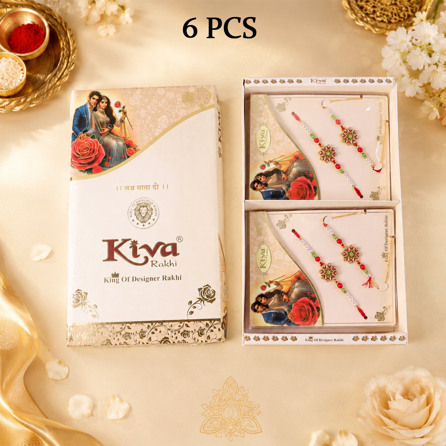 Bhaiya Bhabhi Floral Meenakari Rakhi & Pearl Drop Lumba Combo Set Gift
