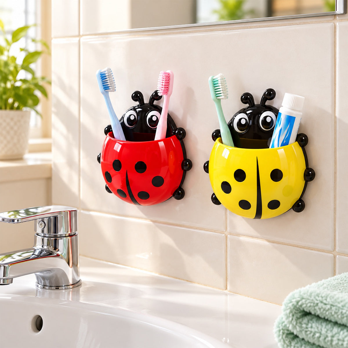 Two colorful ladybug holders, red and yellow, with toothbrushes and toothpaste on a tiled bathroom wall.