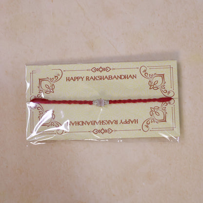 Red Twisted Cord Rakhi with a Bold Square Crystal Stone Pendant