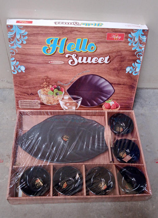 8236 Hello Sweet Round Ceramic Snacks Bowl With Plastic Leaf shape Serving platter Portable, Lightweight Breakfast, Serving Bowl | Ideal for Rice, Pasta, Desserts Home & Kitchen Serving Bowl & platter (7 Pcs set)