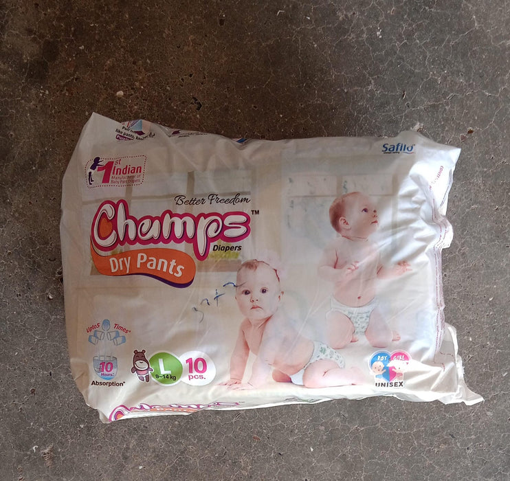 0974 Large Champs Dry Pants Style Diaper - Large (10 pcs) Best for Travel  Absorption, Champs Baby Diapers, Champs Soft and Dry Baby Diaper Pants (L,10 Pcs )