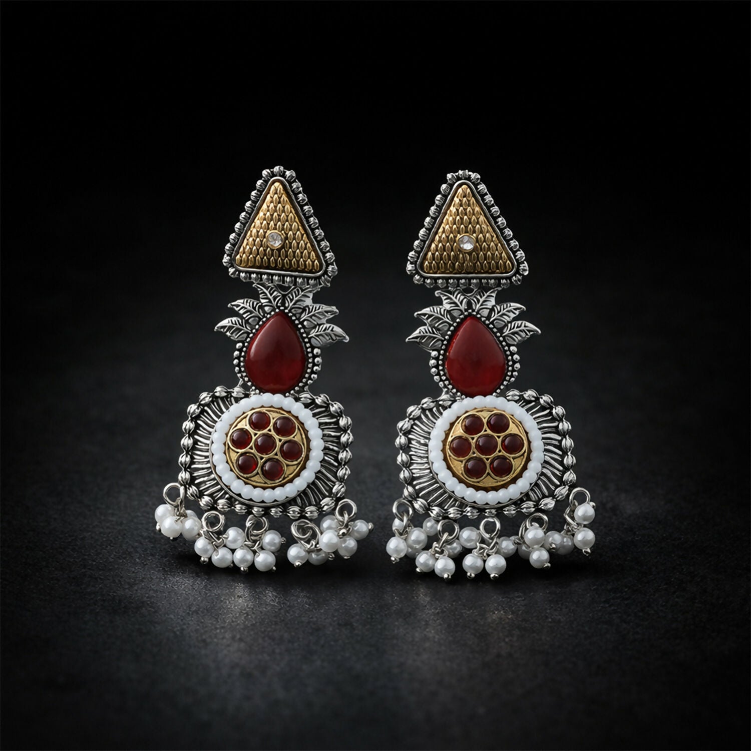 Elegant Oxidized Silver Statement Earrings with Dual Tone Accents & Pearl Drops