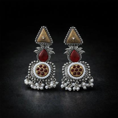 Elegant Oxidized Silver Statement Earrings with Dual Tone Accents & Pearl Drops