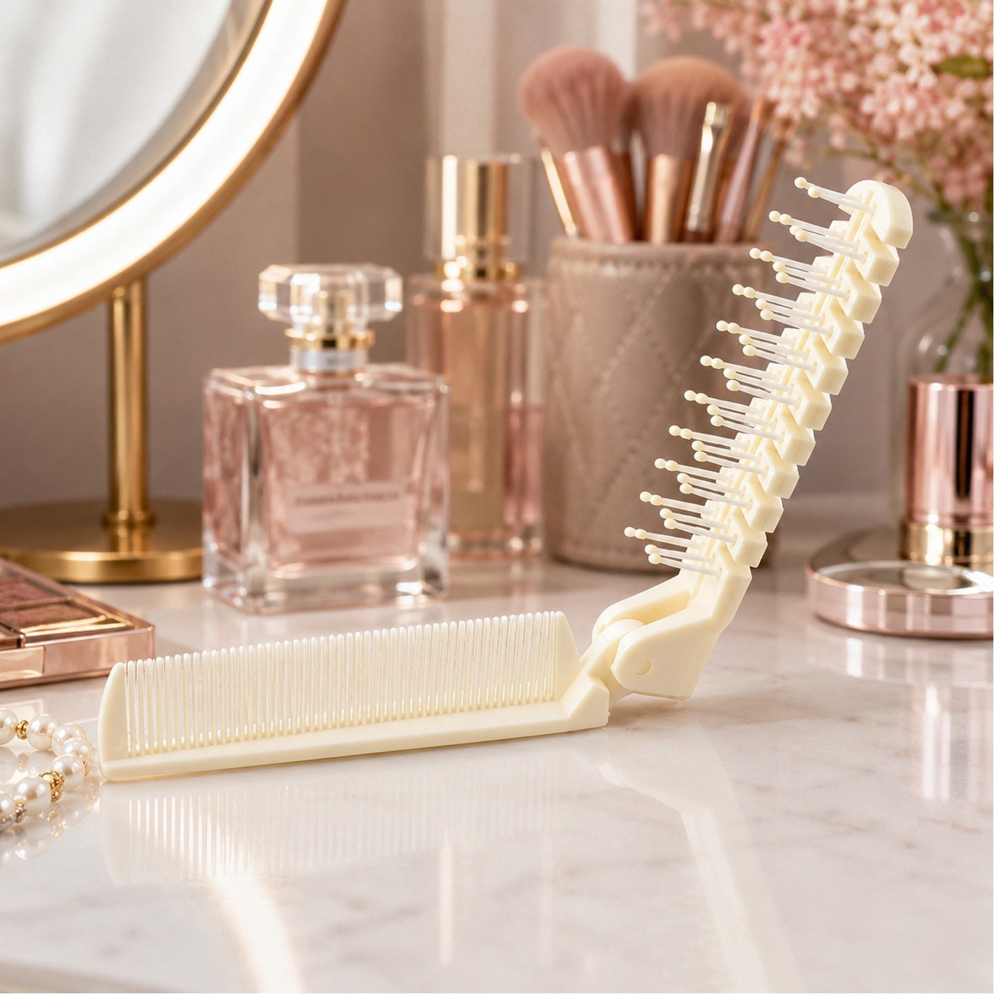 Hand holding 2-in-1 foldable hair comb brush