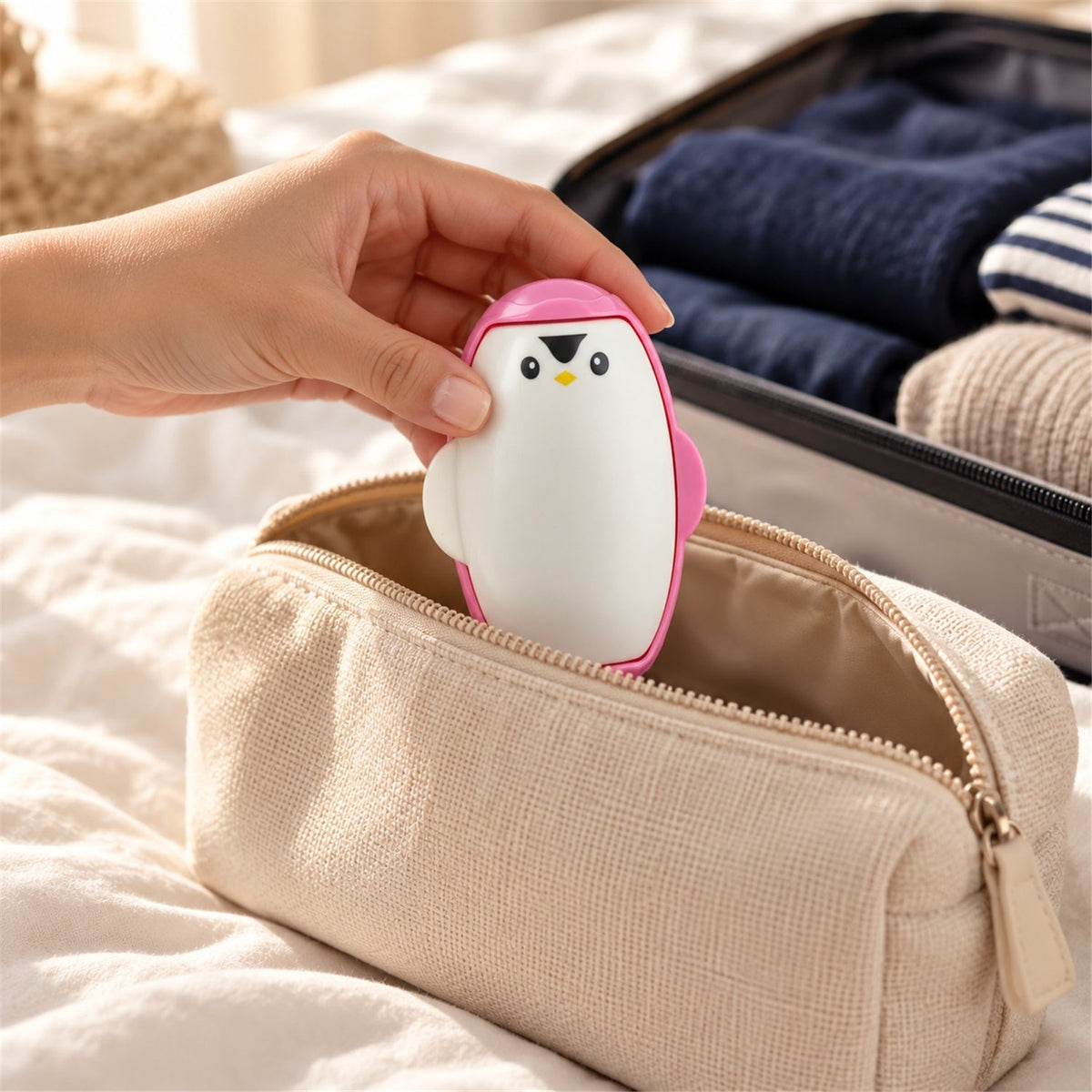 A hand places the pink penguin lint roller into a beige fabric travel pouch next to an open suitcase.