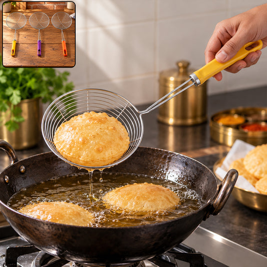 Stainless Steel Frying Strainer Spoons with Long Colour Handles (3 Pc)