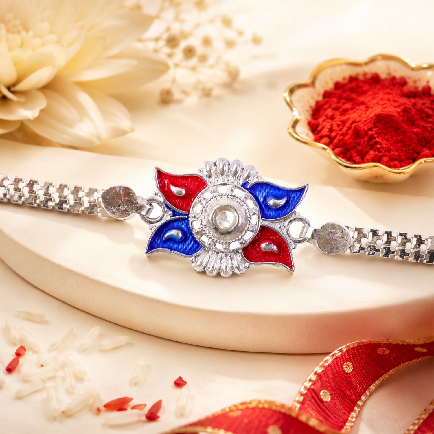 Sun Design Rakhi Red Blue Enamel & Silver-Tone Chain (10pcs)