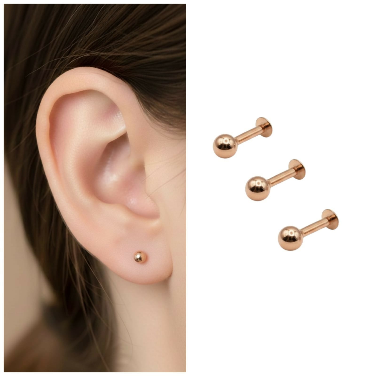 Rose gold labret stud earrings with flat-back design shown on white background
