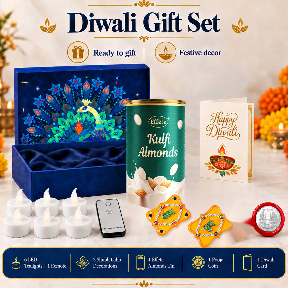 A blue gift box with a peacock design, a can of Kulfi almonds, a Diwali card, six white LED tealights, a remote, – view 4