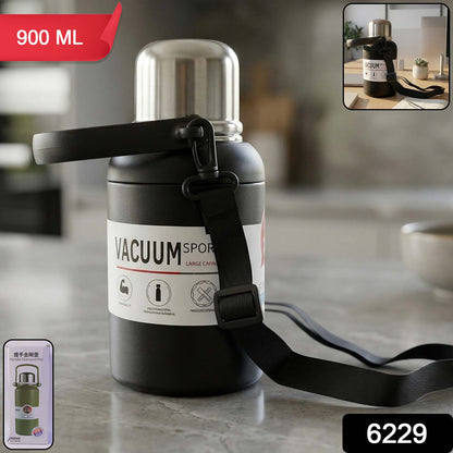 Side view of stainless steel vacuum flask with lid