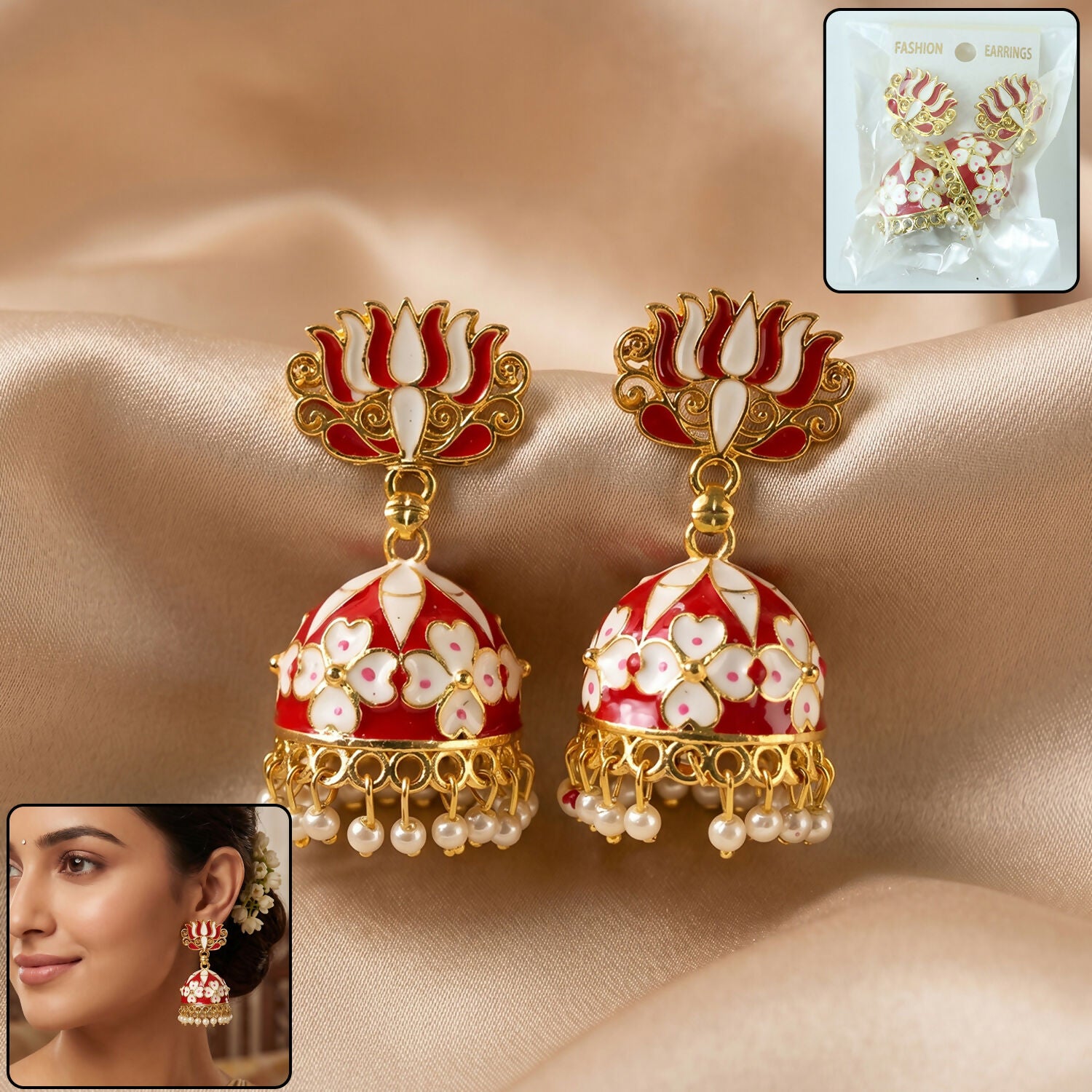 Premium Red Lotus Jhumka Earrings with Pearl Hangings