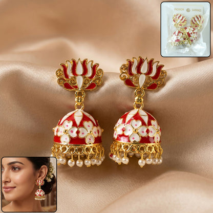 Premium Red Lotus Jhumka Earrings with pearl hangings front view