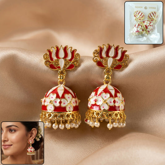 Premium Red Lotus Jhumka Earrings with pearl hangings front view
