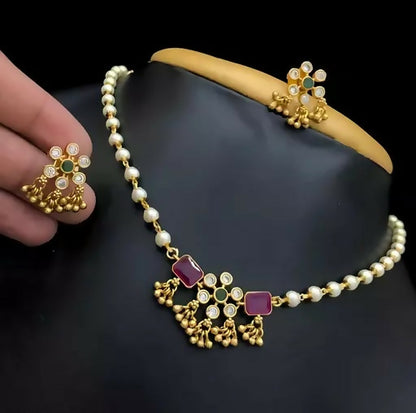 Traditional Gold-Plated Meenakari Rose Double-Pendant Necklace