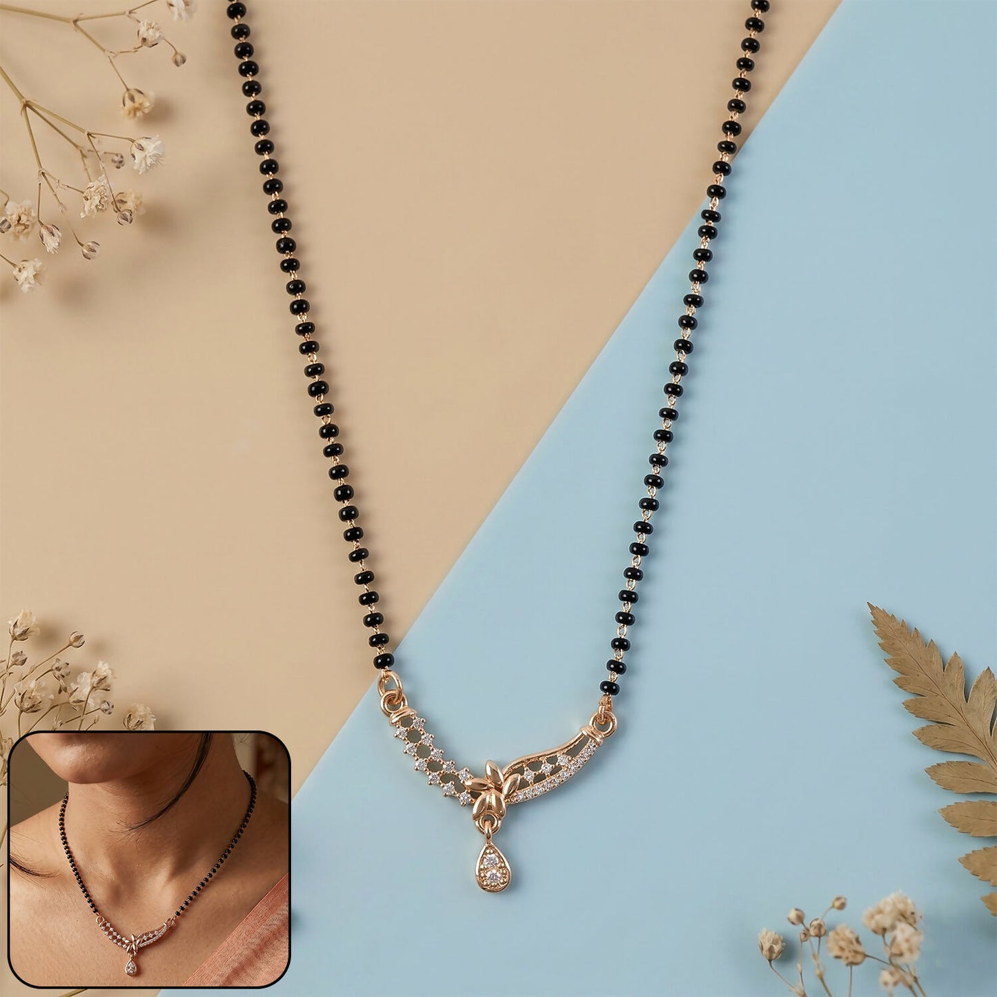 Elegant mangalsutra necklace with crystal pendant and black beaded chain