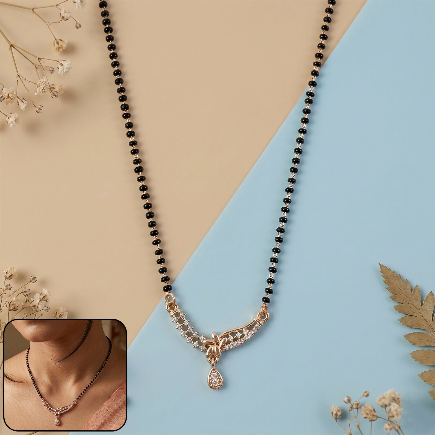 Elegant mangalsutra necklace with crystal pendant and black beaded chain