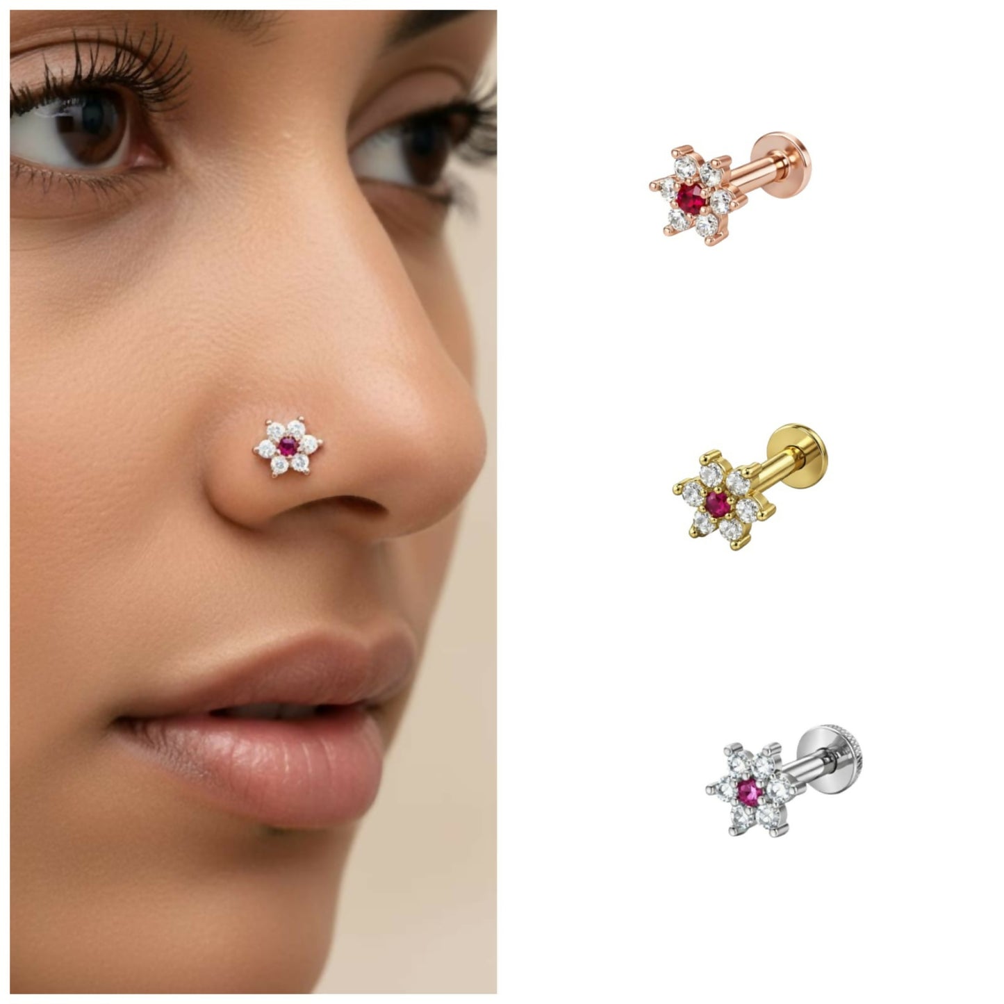Gold, silver and rose gold plated Flower Ruby and AD nosepin Stud Combo Pack of 3