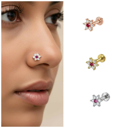 Gold, silver and rose gold plated Flower Ruby and AD nosepin Stud Combo Pack of 3