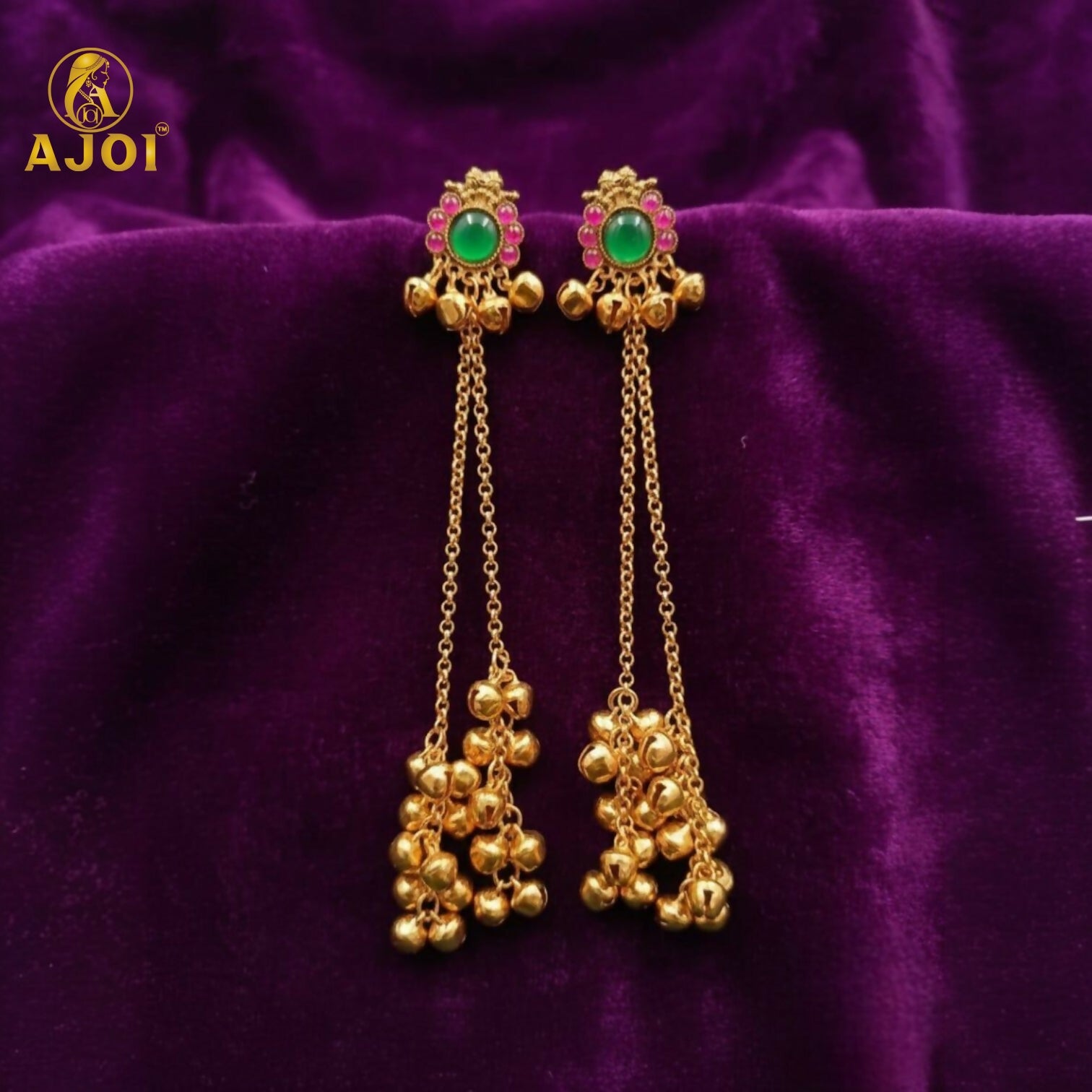 Model wearing Imperial Kashmiri gold-plated ear cuff chain earrings with traditional ethnic attire