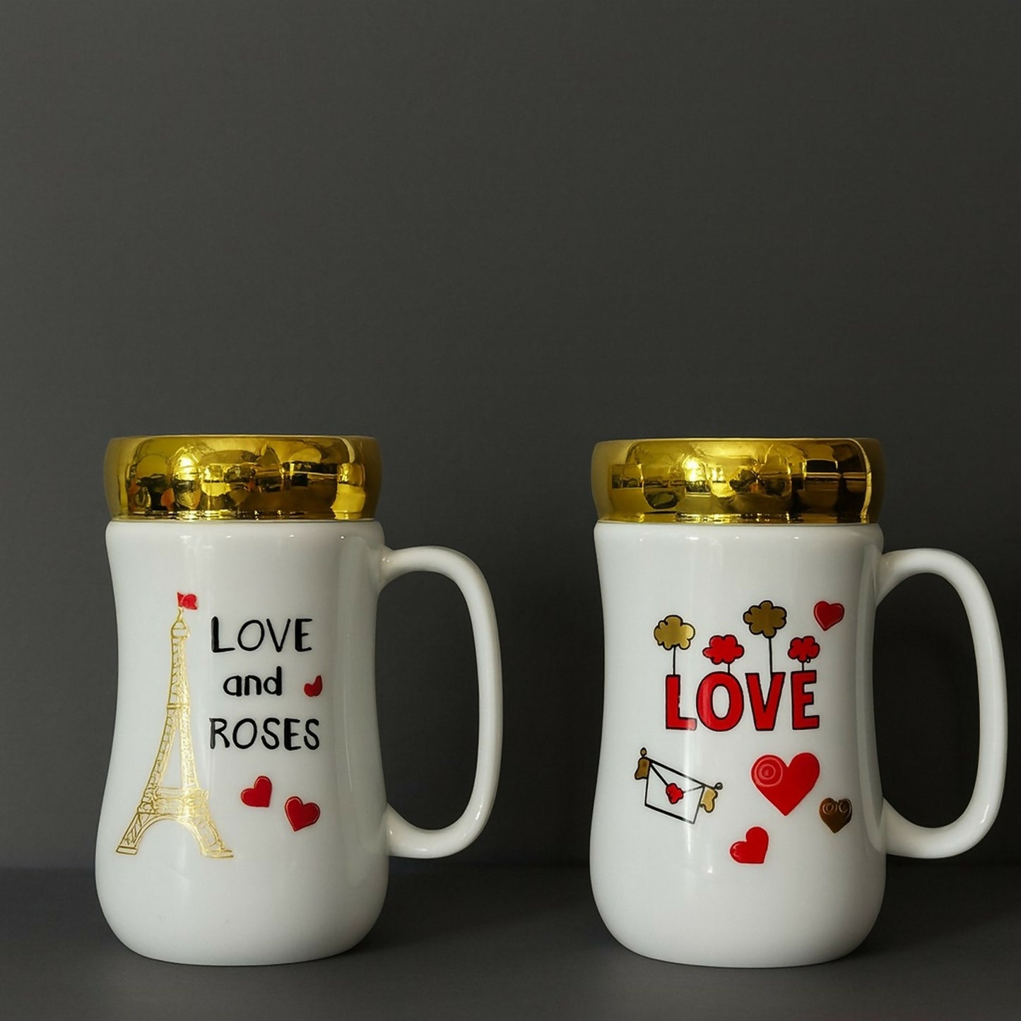 Love Printed Ceramic Mug with Golden Lid | Premium Gift Mug for Couples