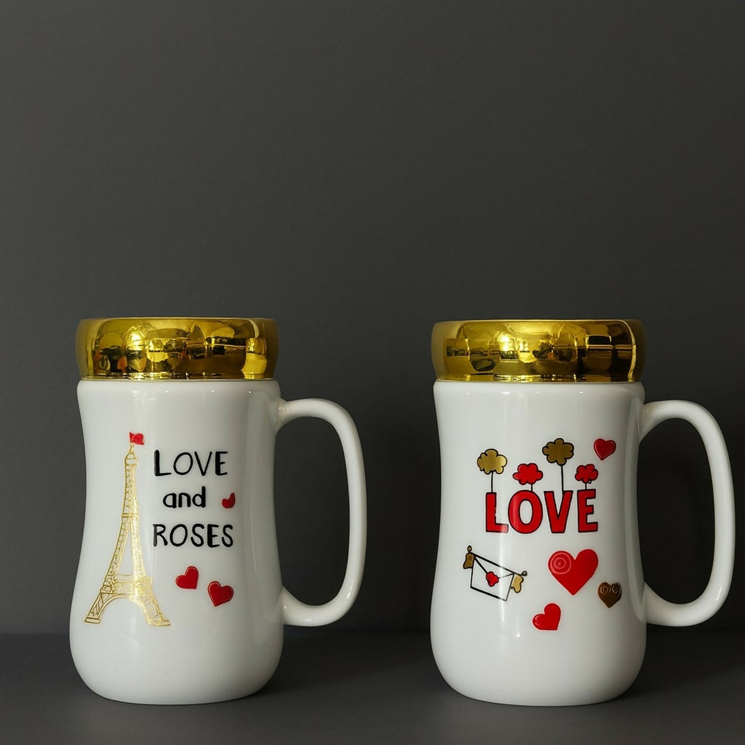 Love Printed Ceramic Mug with Golden Lid | Premium Gift Mug for Couples