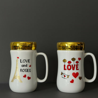 Love Printed Ceramic Mug with Golden Lid | Premium Gift Mug for Couples