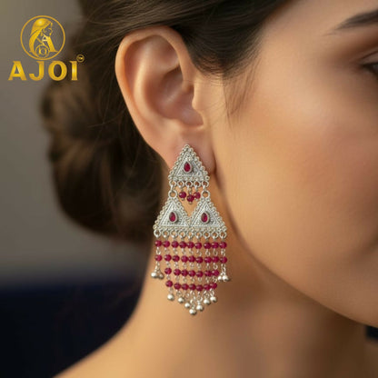 Royal Triangle Ruby Drop Silver Designer Earrings with Statement Bead Tassels