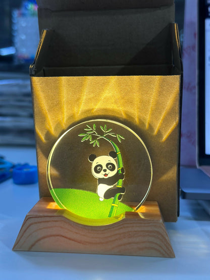 Panda Acrylic LED Night Lamp with Wooden Base USB Decorative Table Light