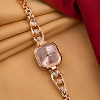 Women's Rose Gold Square Dial Analog Wrist Watch with Floral Bracelet