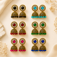 Antique Gold Plated Multicolor Stone Jhumka Earrings Pack of 6