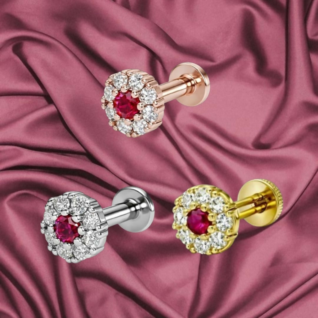 Ruby floral nosepin stud plated in gold with lab-created ruby and white stones