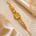 Vintage Gold-Tone Women's Analog Bracelet Watch | Rhinestone Designer Wrist Watch | Elegant Fashion Jewellery Watch with Adjustable Chain Clasp
