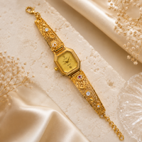 Vintage Gold-Tone Women's Analog Bracelet Watch | Rhinestone Designer Wrist Watch | Elegant Fashion Jewellery Watch with Adjustable Chain Clasp