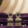 Premium Gold Tone Geometric Jhumka Earrings with Black Stones & Pearl Drops
