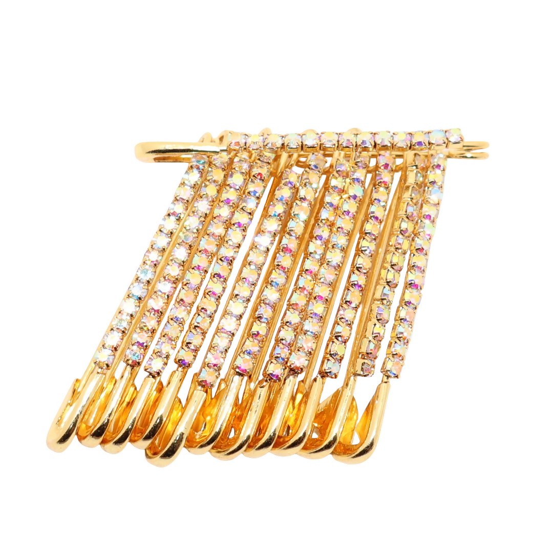 Rainbow Rhinestone Gold Saree Pin Brooch Set (12pcs, 4cm, Medium)