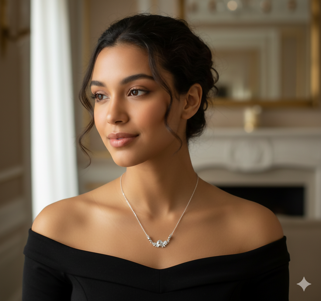 Silver Tone AD Pave Double Butterfly Bar Pendant Necklace