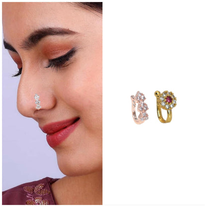 Triple Cluster CZ No Piercing Nose Ring Nath - Gold/Rose Gold Combo Pack of 2