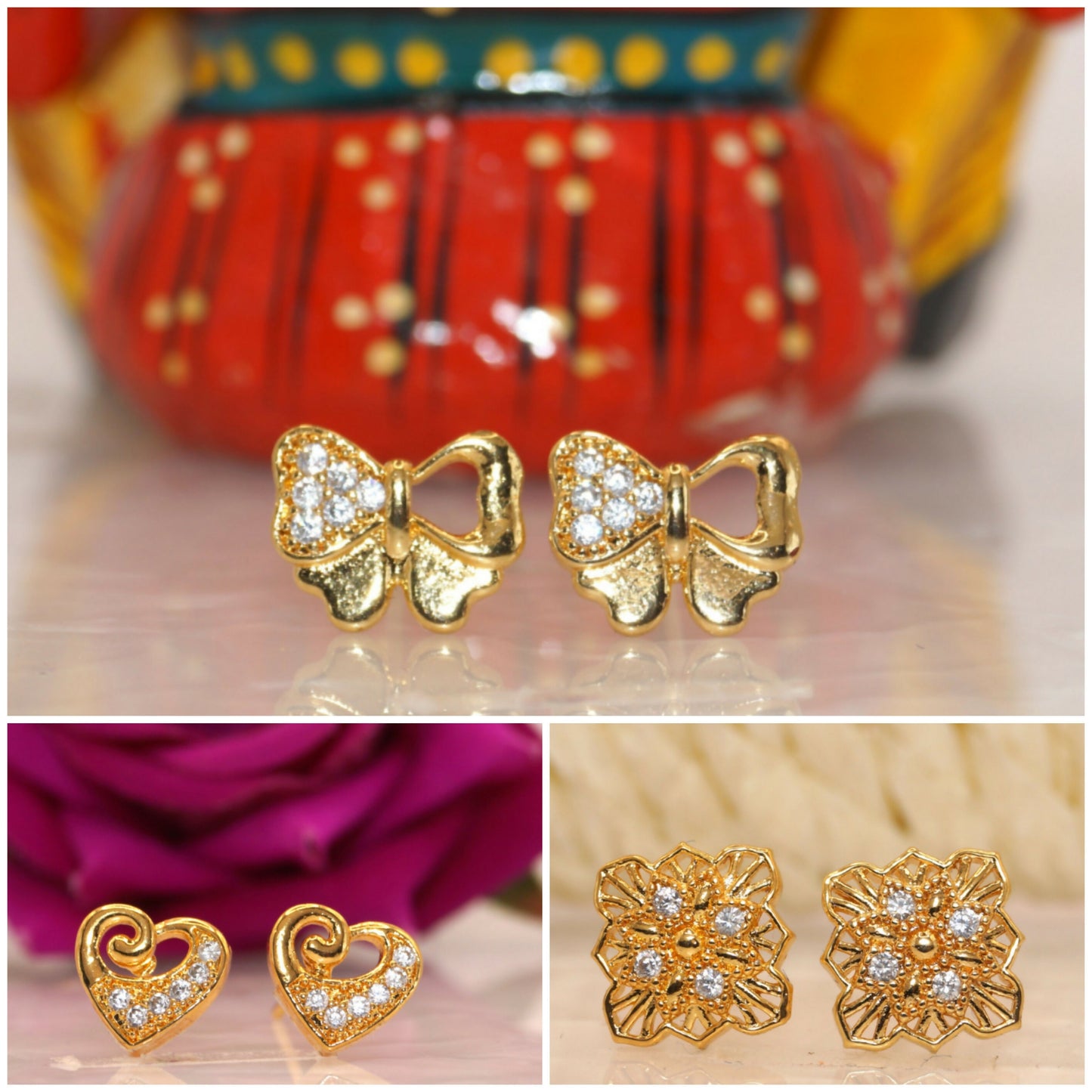 Gold plated butterfly stud earrings showcasing delicate heart-shaped design with crystals