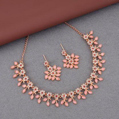 Romantic Rose Gold-Toned Pink Enamel Floral Set