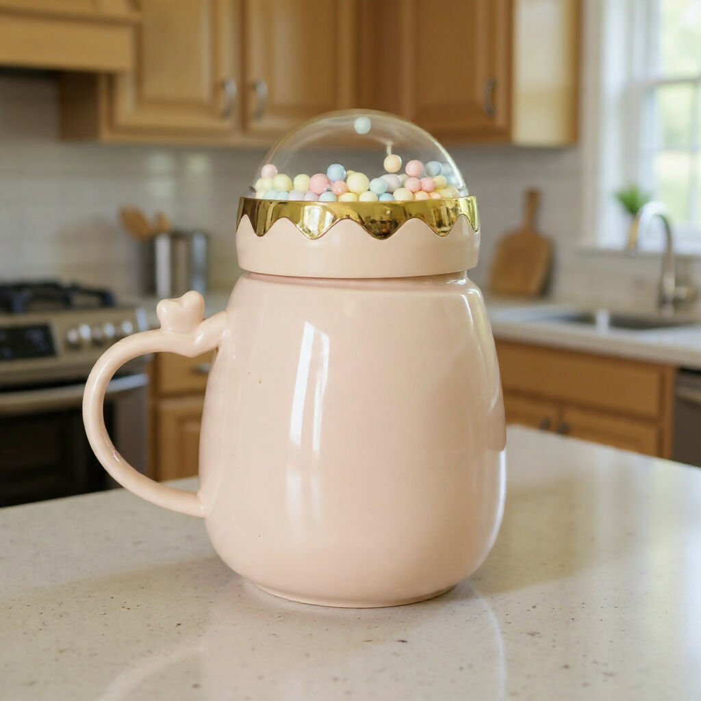 Ceramic coffee mug with comfortable handle and decorative dome lid