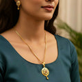 Gold Pendant Set – Brass Chain with Ruby Red Stone & Earrings