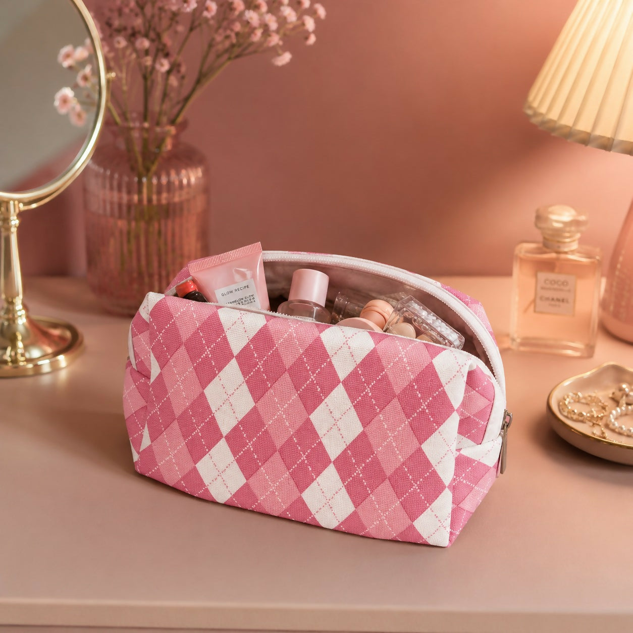 Travel makeup pouch with check pattern front view