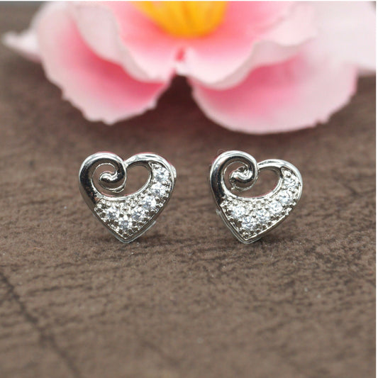 Sterling Silver Heart Stud Earrings with AD for women and girls