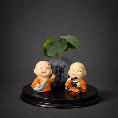 Cute Zen Monk Couple with Mini Planter Decorative Showpiece (ANY COLOR)