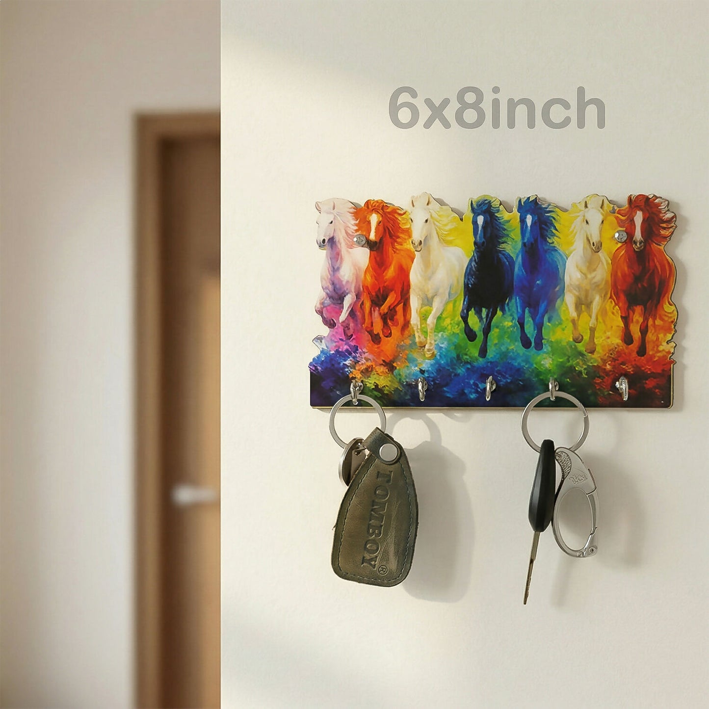 Seven Colorful Horse Wooden Key Holder | 5 Hook Wall Organizer