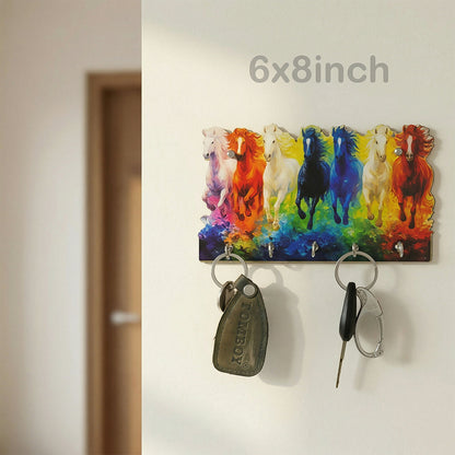 Seven Colorful Horse Wooden Key Holder | 5 Hook Wall Organizer